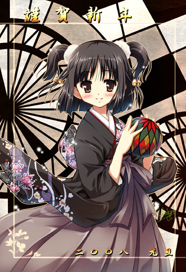 tougarashi hideyu, 1girl, bell, black hair, blush, brown eyes, female focus, hakama, hakama skirt, japanese clothes, kimono, new year, short hair, short twintails, skirt, smile, solo, twintails