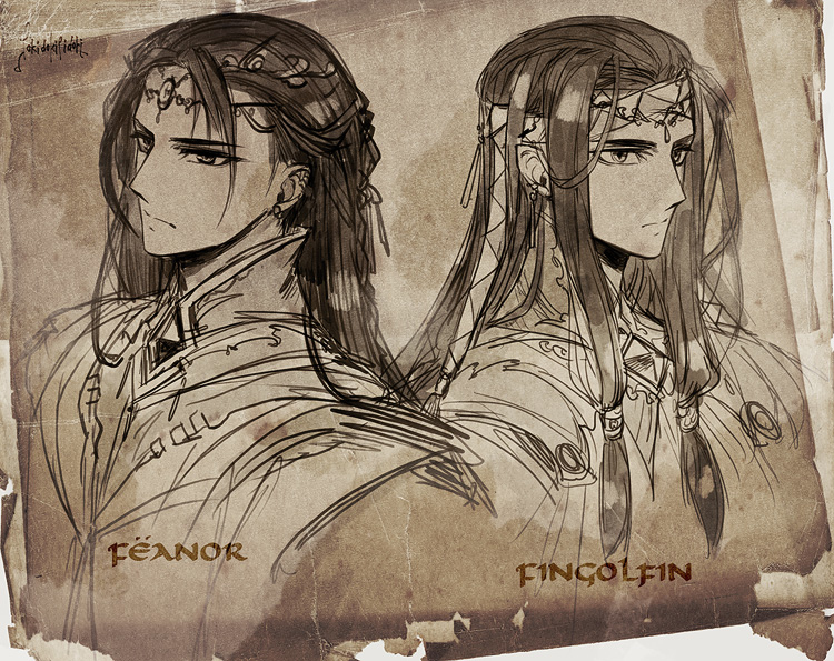 tokidoki tidori, feanor, fingolfin, the silmarillion, tolkien's legendarium, 2boys, artist name, brothers, character name, closed mouth, collar, earrings, elf, headband, jewelry, male focus, monochrome, multiple boys, pointy ears, siblings, sidelocks, signature, upper body