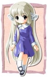clamp, pu-en, chii, chobits, lowres, 00s, blonde hair, blue skirt, chibi, long hair, skirt, solo