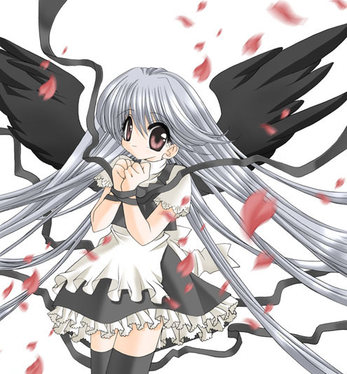 nekono osero, original, silver hair, 1girl, black wings, brown hair, female focus, long hair, maid, red eyes, solo, thighhighs, very long hair, wings