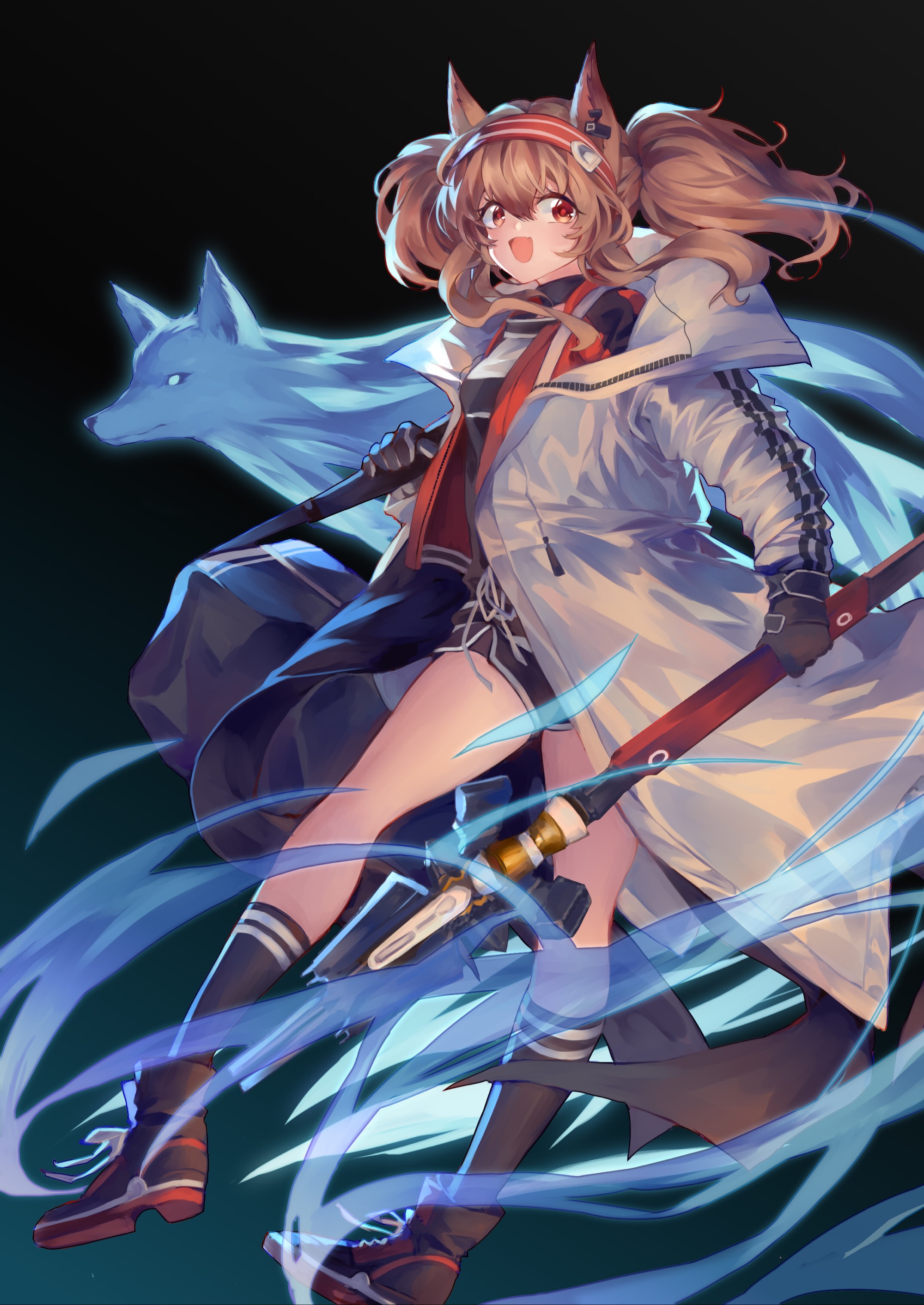 heqing, angelina (arknights), infection monitor (arknights), arknights, absurdres, chinese commentary, commentary request, highres, 1girl, :d, animal ears, bag, black bag, black collar, black gloves, black shirt, black shoes, black shorts, blush, breasts, coat, collar, dolphin shorts, earpiece, floating clothes, floating hair, fox, fox ears, fox girl, from behind, full body, gloves, hair between eyes, hairband, holding, holding staff, holding strap, jacket, long hair, long sleeves, looking to the side, medium breasts, messenger bag, no tail, open clothes, open coat, open jacket, open mouth, originium arts (arknights), red eyes, red hairband, red jacket, shirt, shoes, short shorts, shorts, shoulder bag, sidelocks, smile, sneakers, solo, staff, striped clothes, striped hairband, twintails, two-tone hairband, unzipped, white coat