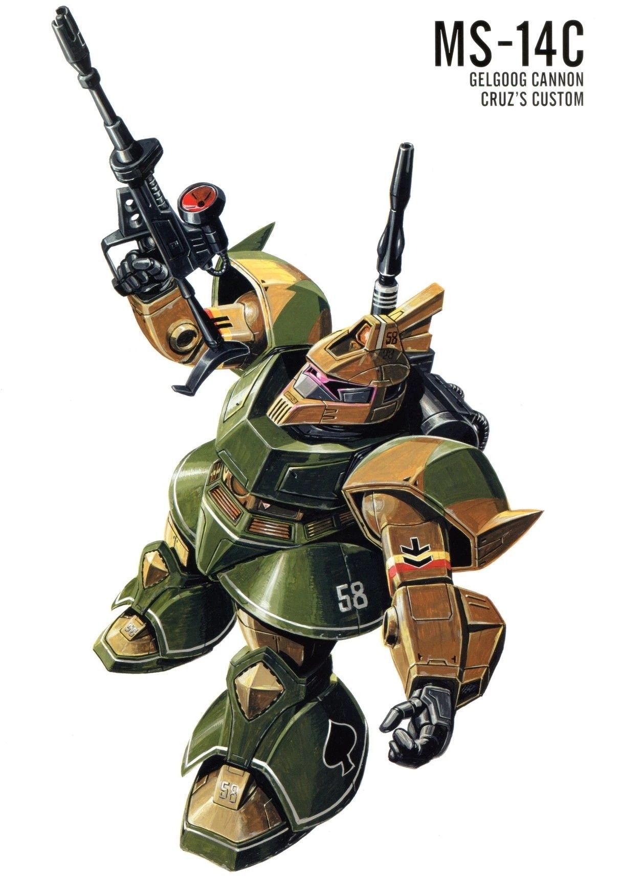 ookawara kunio, gelgoog, gelgoog cannon, gundam, gundam msv, 1980s (style), highres, magazine scan, official art, painting (medium), scan, traditional media, ace (playing card), ace of hearts, beam rifle, cable, camouflage, card, character name, energy gun, heart, machinery, mecha, mecha focus, mobile suit, no humans, oldschool, one-eyed, playing card, realistic, retro artstyle, robot, roundel, science fiction, scope, shoulder cannon, weapon, white background, zeon