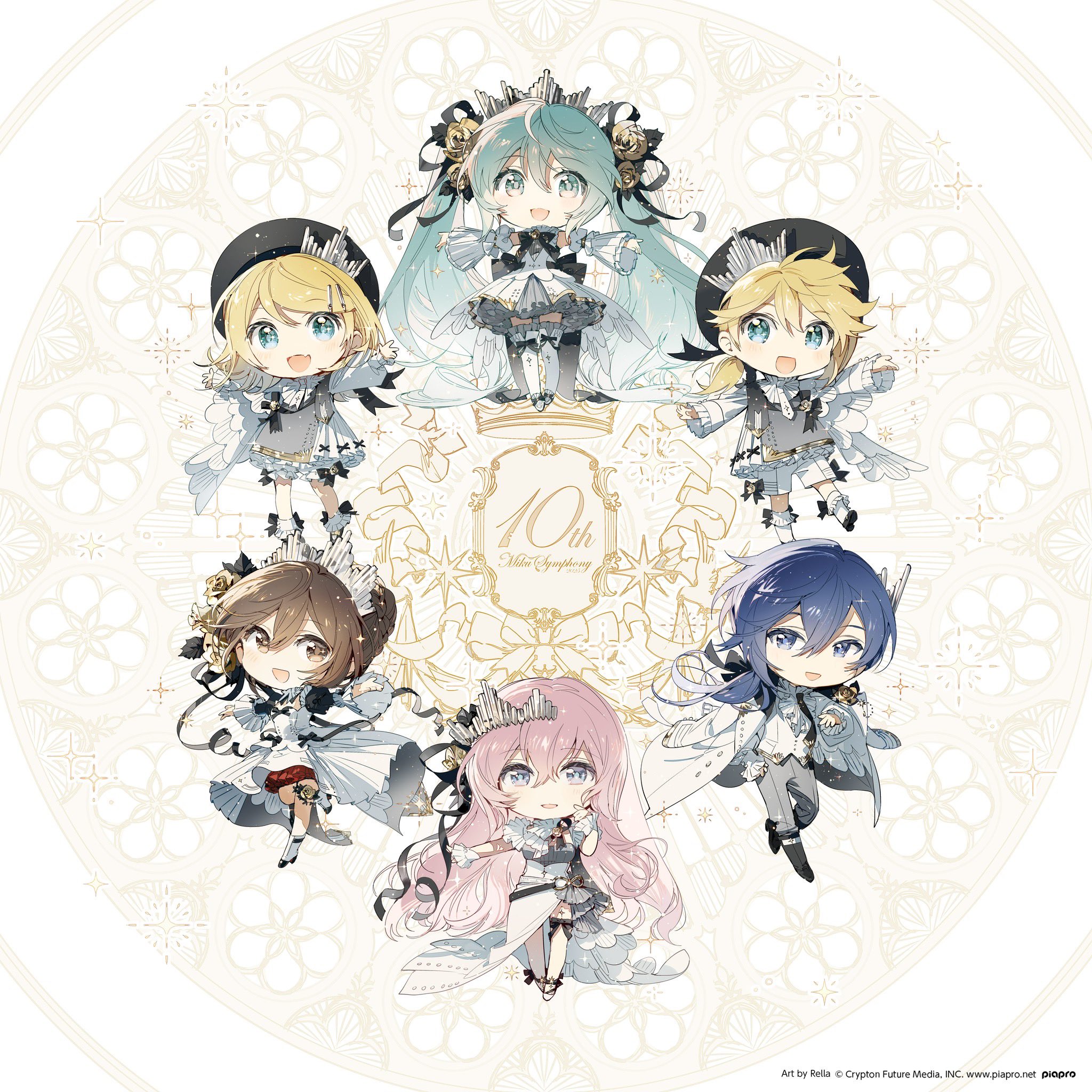 rella, hatsune miku, kagamine len, kagamine rin, kaito (vocaloid), megurine luka, meiko (vocaloid), miku symphony (vocaloid), vocaloid, commentary request, highres, official art, second-party source, 2boys, 4girls, :d, aqua hair, artist name, beret, black hat, black necktie, black shoes, blonde hair, blue eyes, blue hair, brown eyes, brown hair, character name, chibi, chibi only, copyright name, copyright notice, detached sleeves, dress, fang, full body, grey pants, hair between eyes, hair ornament, hat, jacket, long hair, long sleeves, multiple boys, multiple girls, necktie, open mouth, pants, pink hair, puffy long sleeves, puffy sleeves, shoes, short hair, shorts, smile, socks, thighhighs, twintails, very long hair, white dress, white jacket, white shoes, white shorts, white sleeves, white socks, white thighhighs