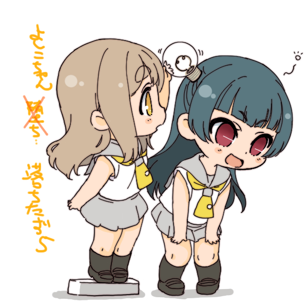 shinanoya (satanicad), kunikida hanamaru, tsushima yoshiko, love live!, love live! sunshine!!, commentary request, 2girls, :d, black socks, blue hair, blunt bangs, brown hair, chibi, chibi only, crossed out, empty eyes, grey sailor collar, grey skirt, kneehighs, leaning forward, light bulb, long hair, miniskirt, multiple girls, neckerchief, open mouth, pleated skirt, red eyes, sailor collar, school uniform, shirt, simple background, skirt, sleeveless, sleeveless shirt, smile, socks, squeans, uranohoshi school uniform, v-shaped eyebrows, white background, white shirt, yellow eyes, yellow neckerchief