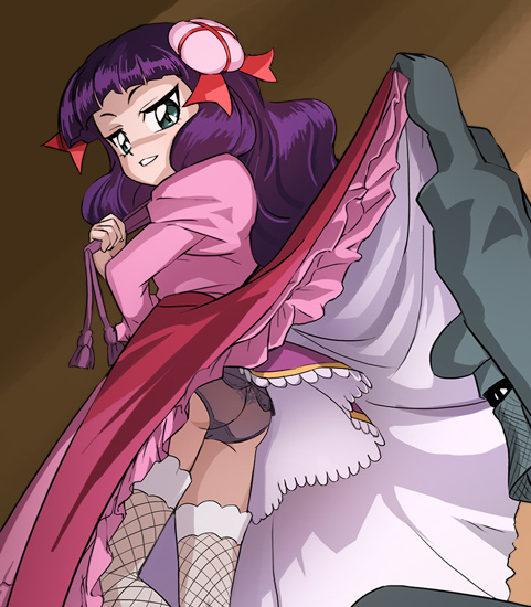 haruyama kazunori, nyakuouji hime, wakaouji hime, karaoke senshi mike-jirou, karaoke senshi mike-tarou, 1girl, ass, clothes lift, female focus, panties, skirt, skirt lift, solo, thighhighs, underwear