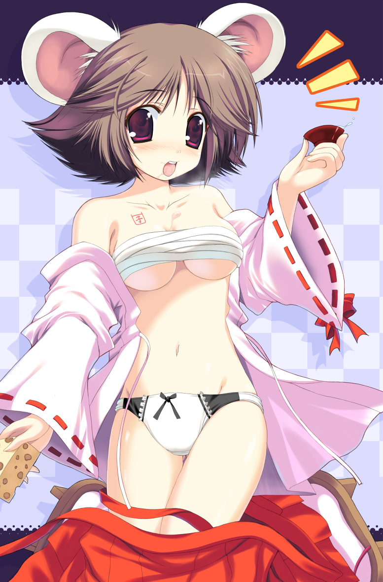 atera, 1girl, animal ears, breasts, cheese, female focus, food, hakama, hakama skirt, japanese clothes, miko, mouse ears, new year, panties, red hakama, sarashi, skirt, solo, underwear