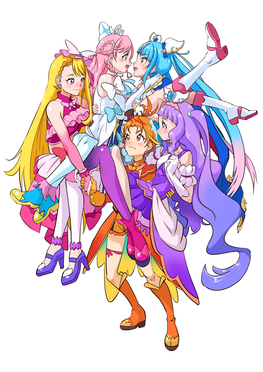 shimotsuki juugo, cure butterfly, cure majesty, cure prism, cure sky, cure wing, ellee-chan, hijiri ageha, nijigaoka mashiro, sora harewataru, yuunagi tsubasa, hirogaru sky! precure, precure, commentary, highres, 1boy, 4girls, ankle boots, aqua eyes, arms around neck, ascot, black hat, blonde hair, blue boots, blue bow, blue cape, blue eyes, blue hair, boots, bow, braid, bridal gauntlets, brooch, butterfly hat ornament, cape, carrying, carrying person, closed mouth, clothing cutout, coattails, cropped shirt, crown braid, cut bangs, dress, dress bow, earrings, elbow gloves, flats, frilled shirt, frilled skirt, frilled thighhighs, frills, fringe trim, frown, glove bow, gloves, gradient hair, green eyes, hair bow, hair ornament, half-dress, hat, hat ornament, holding hands, jacket, jewelry, knee boots, layered dress, layered gloves, leg ribbon, long dress, long hair, looking at another, magical girl, medium dress, midriff, mini hat, mini top hat, miniskirt, mob cap, multicolored hair, multiple girls, on shoulder, open mouth, orange boots, orange gloves, orange hair, orange jacket, orange shorts, pantyhose, pink boots, pink gloves, pink hair, pink hat, pink shirt, princess carry, purple dress, purple eyes, purple hair, purple pantyhose, purple shoes, purple skirt, red cape, ribbon, shirt, shoes, short shorts, short sleeves, shorts, shoulder cutout, side braids, single leg pantyhose, single sidelock, skirt, sleeveless, sleeveless dress, smile, streaked hair, sweatdrop, thighhighs, tilted headwear, top hat, twintails, two-sided cape, two-sided fabric, two-tone hair, two side up, very long hair, white ascot, white boots, white bow, white dress, white gloves, white thighhighs, wing brooch, wing hair ornament