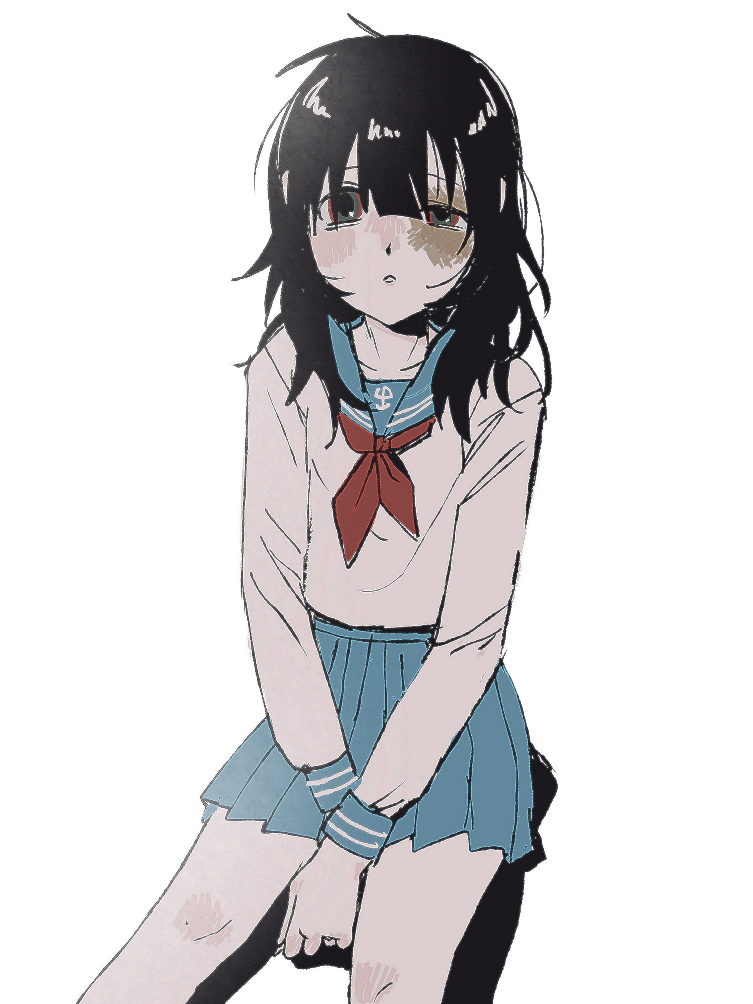 original, absurdres, commentary request, highres, korean commentary, 1girl, black hair, blue sailor collar, blue skirt, bruise, bruised eye, grey eyes, injury, jikanet tanaka, long hair, neckerchief, own hands together, parted lips, pleated skirt, red neckerchief, sailor collar, school uniform, serafuku, shirt, simple background, sitting, skirt, solo, white background, white shirt