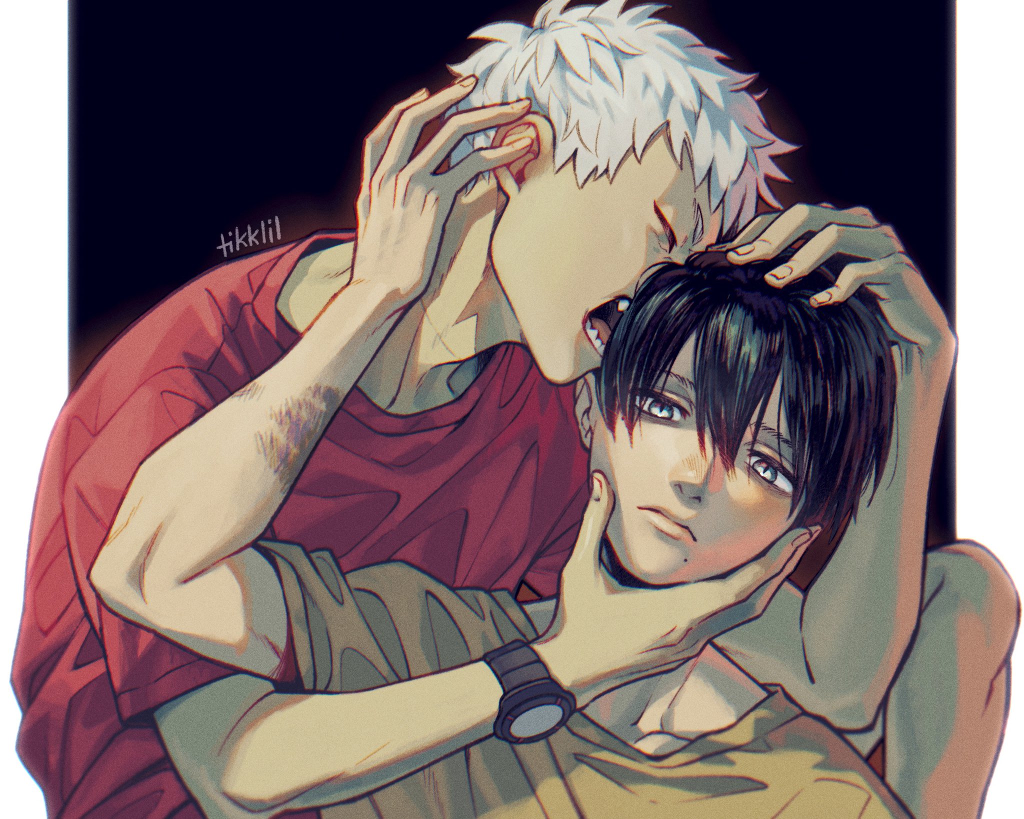 tikklil, indou hikaru, tsujinaka yoshiki, hikaru ga shinda natsu, hashtag-only commentary, highres, 2boys, alternate costume, artist name, black border, black hair, border, closed eyes, closed mouth, collarbone, fingernails, green shirt, hand on another's chin, lips, looking at viewer, male focus, mole, mole under eye, mole under mouth, multiple boys, multiple moles, nose, open mouth, outside border, pillarboxed, red shirt, shirt, short hair, upper body, watch, white hair, white shirt, wristwatch
