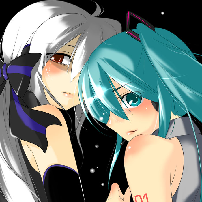 caffein, hatsune miku, yowane haku, vocaloid, silver hair, tagme, headphones, red eyes