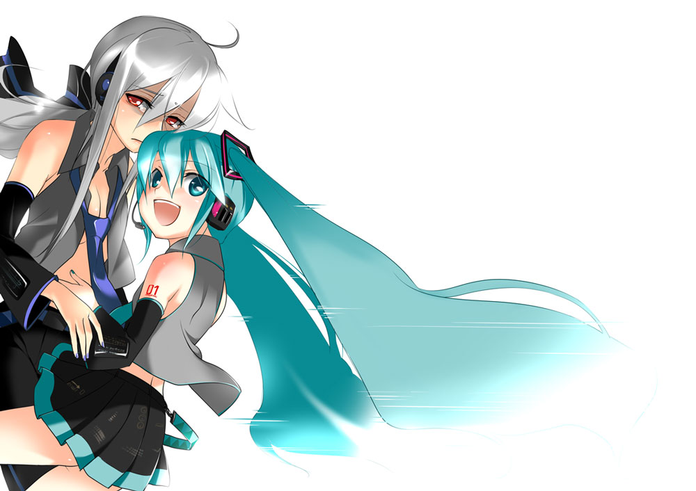 caffein, hatsune miku, yowane haku, vocaloid, silver hair, 2girls, aqua nails, bare shoulders, blue eyes, blue hair, detached sleeves, headphones, long hair, multiple girls, nail polish, necktie, open mouth, pleated skirt, purple nails, red eyes, simple background, skirt, tears, twintails, very long hair