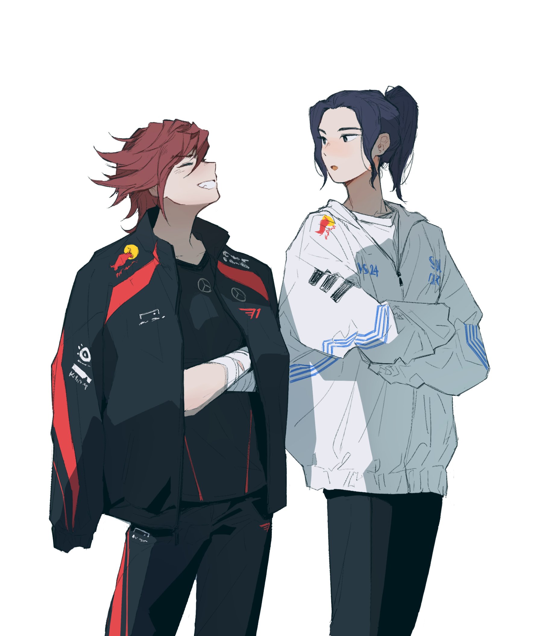 baduk dog, caitlyn (league of legends), vi (league of legends), league of legends, highres, 2girls, alternate costume, bandaged arm, bandages, black hair, black jacket, black pants, black shirt, closed eyes, crossed arms, jacket, jacket on shoulders, long sleeves, looking at another, multiple girls, open mouth, pants, ponytail, red hair, shirt, short hair, simple background, smile, standing, white background, white jacket