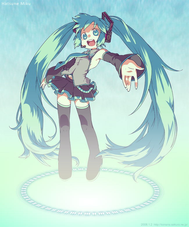 hinata (artist), magamoto, hatsune miku, vocaloid, 1girl, female focus, long hair, solo, thighhighs, twintails, very long hair