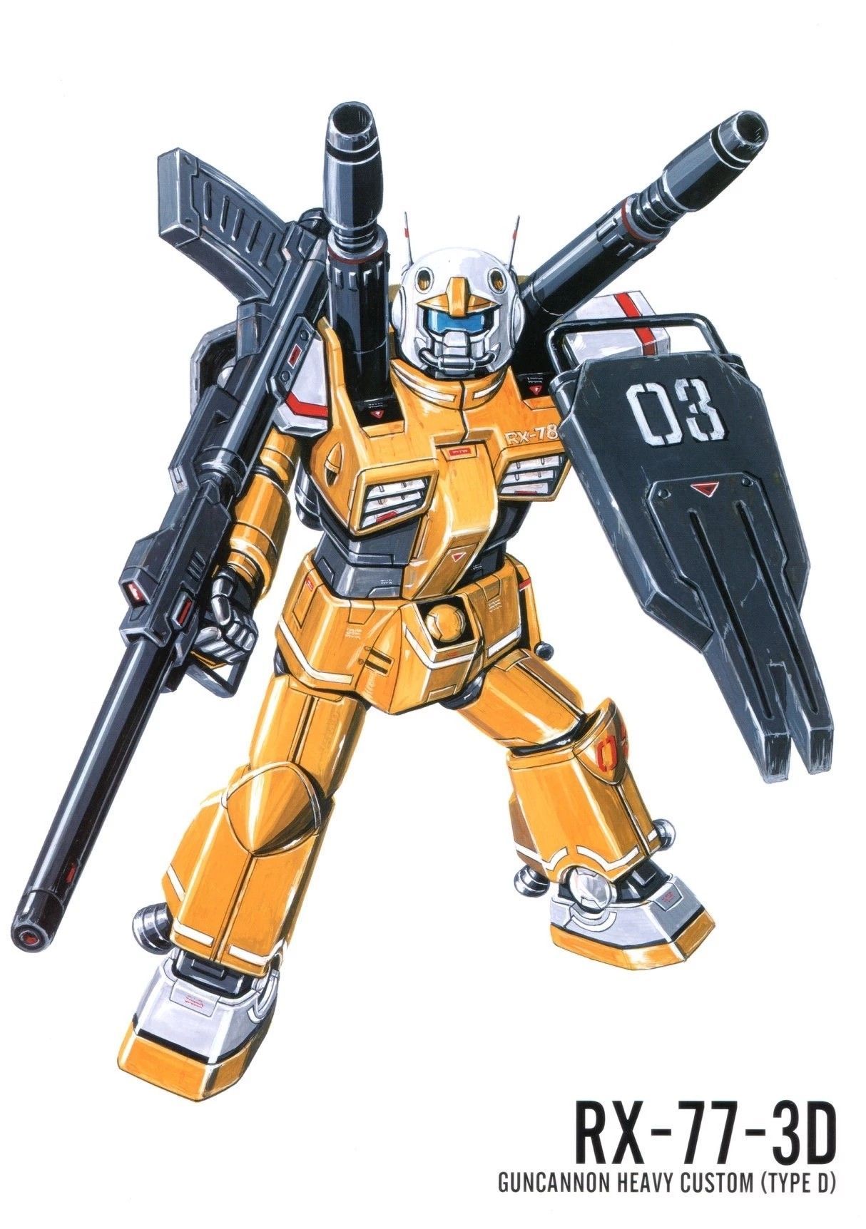 ookawara kunio, guncannon, gundam, gundam msv, 1980s (style), highres, magazine scan, official art, painting (medium), scan, traditional media, beam cannon, blue visor, cannon, character name, color variation, earth federation, guncannon heavy custom, machinery, mecha, mecha focus, mobile suit, no humans, oldschool, radio antenna, realistic, retro artstyle, robot, roundel, science fiction, shield, white background