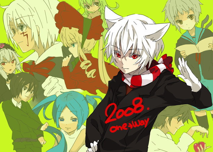 loo, allen walker, hatsune miku, kino (kino no tabi), l (death note), nagato yuki, shinku, suigintou, d.gray-man, death note, kino no tabi, rozen maiden, suzumiya haruhi no yuuutsu, vocaloid, 00s, 4boys, 5girls, animal ears, bags under eyes, blonde hair, cat ears, crossover, multiple boys, multiple girls, scarf, twintails