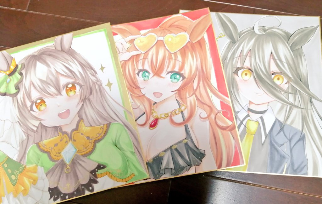 terimuku, manhattan cafe (umamusume), maruzensky (blasting off summer night) (umamusume), maruzensky (umamusume), satono diamond (umamusume), umamusume, commentary request, photo (medium), traditional media, 3girls, :d, ahoge, arm up, bare shoulders, bikini, black bikini, black hair, black jacket, black shirt, blush, breasts, brown hair, cleavage, closed mouth, collared shirt, cropped jacket, eyewear on head, green eyes, green jacket, hair between eyes, heart, heart-shaped eyewear, jacket, large breasts, long hair, long sleeves, multicolored hair, multiple girls, necktie, open mouth, orange eyes, shikishi, shirt, sleeves past fingers, sleeves past wrists, smile, swimsuit, teeth, tinted eyewear, two-tone hair, upper body, upper teeth only, white-framed eyewear, white hair, yellow-tinted eyewear, yellow eyes, yellow necktie