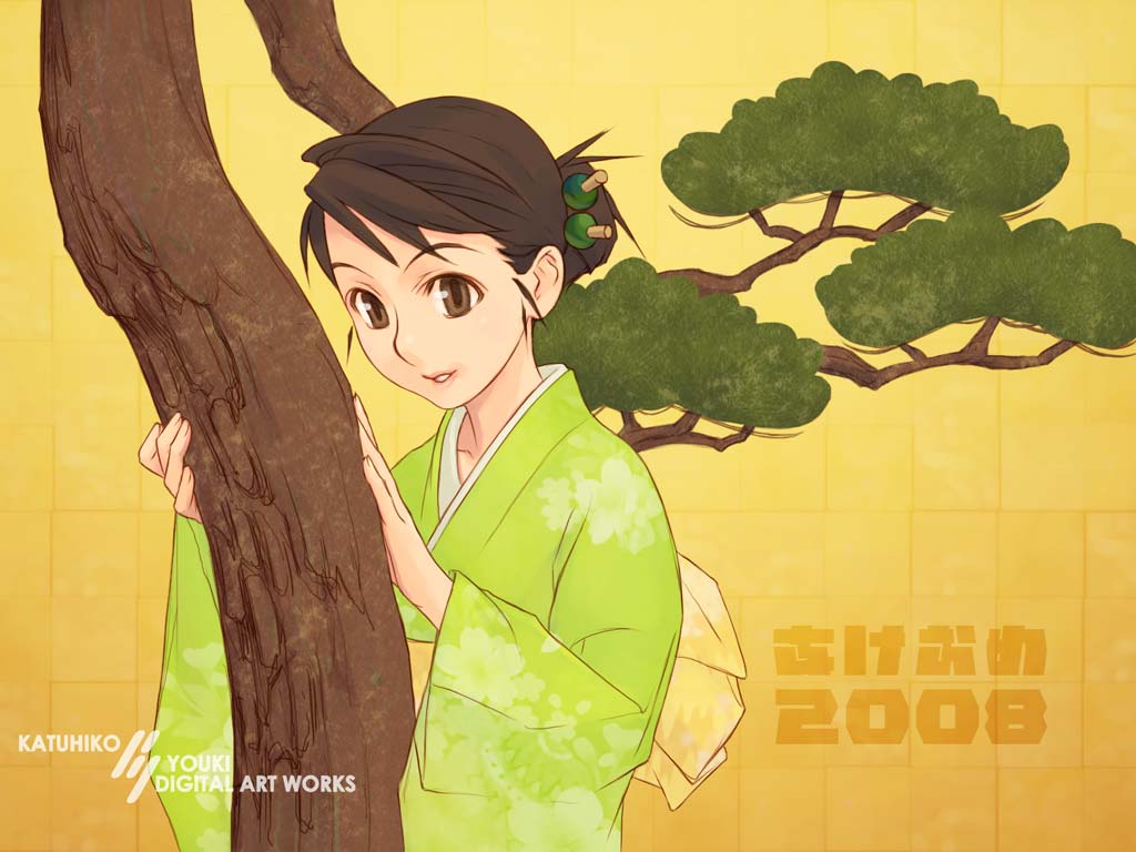 youki katsuhiko, yuuki katsuhiko, original, 00s, 1girl, 2008, akeome, brown eyes, brown hair, female focus, happy new year, japanese clothes, kimono, new year, parted lips, solo, tree, yellow background