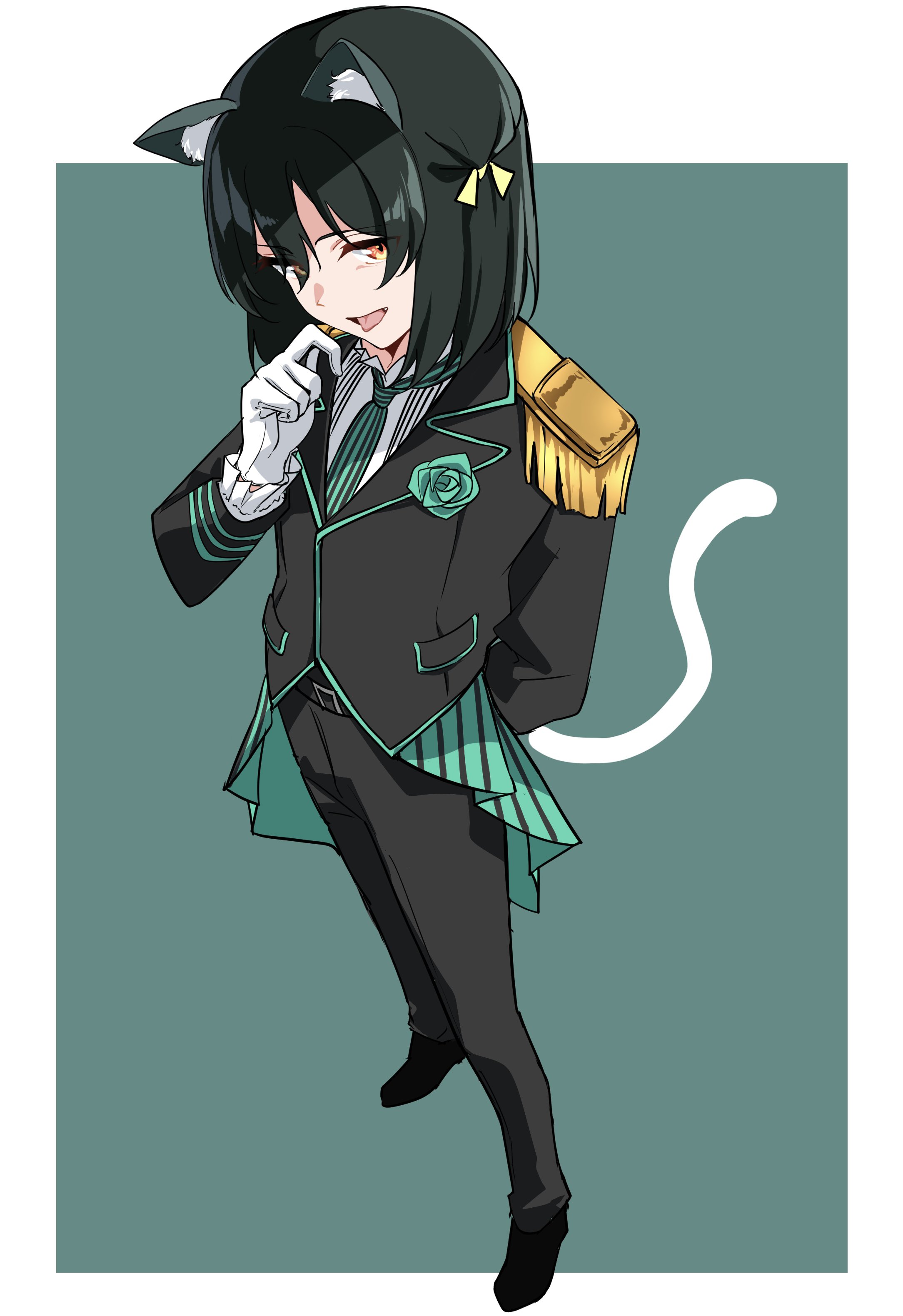 89ru0, mifune shioriko, love live!, love live! nijigasaki high school idol club, absurdres, commentary, highres, 1girl, :d, animal ears, arms behind back, black hair, black jacket, black pants, border, boutonniere, cat ears, cat girl, cat tail, curled fingers, epaulettes, fang, flower, full body, gentle nyangasaki, gloves, green background, green flower, green necktie, green rose, hair ribbon, jacket, looking at viewer, necktie, official alternate costume, open mouth, orange eyes, outside border, pants, pocket, ribbon, rose, shirt, simple background, smile, solo, standing, striped clothes, tail, tongue, tongue out, vertical-striped clothes, vertical-striped necktie, white border, white gloves, white shirt, yellow ribbon
