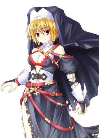 boshinote, sister hell, prism ark, lowres, 00s, 1girl, blonde hair, breasts, cleavage, female focus, medium breasts, red eyes, short hair, solo