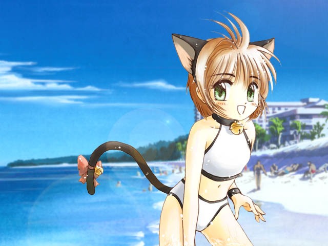 takano hayato, kinomoto sakura, cardcaptor sakura, md5 mismatch, 1990s (style), 1girl, animal ears, bell, bikini, brown eyes, cat ears, cat tail, child, collar, fake animal ears, female focus, green eyes, neck bell, open mouth, retro artstyle, ribbon, solo, swimsuit, tail, tail ornament, tail ribbon, white bikini