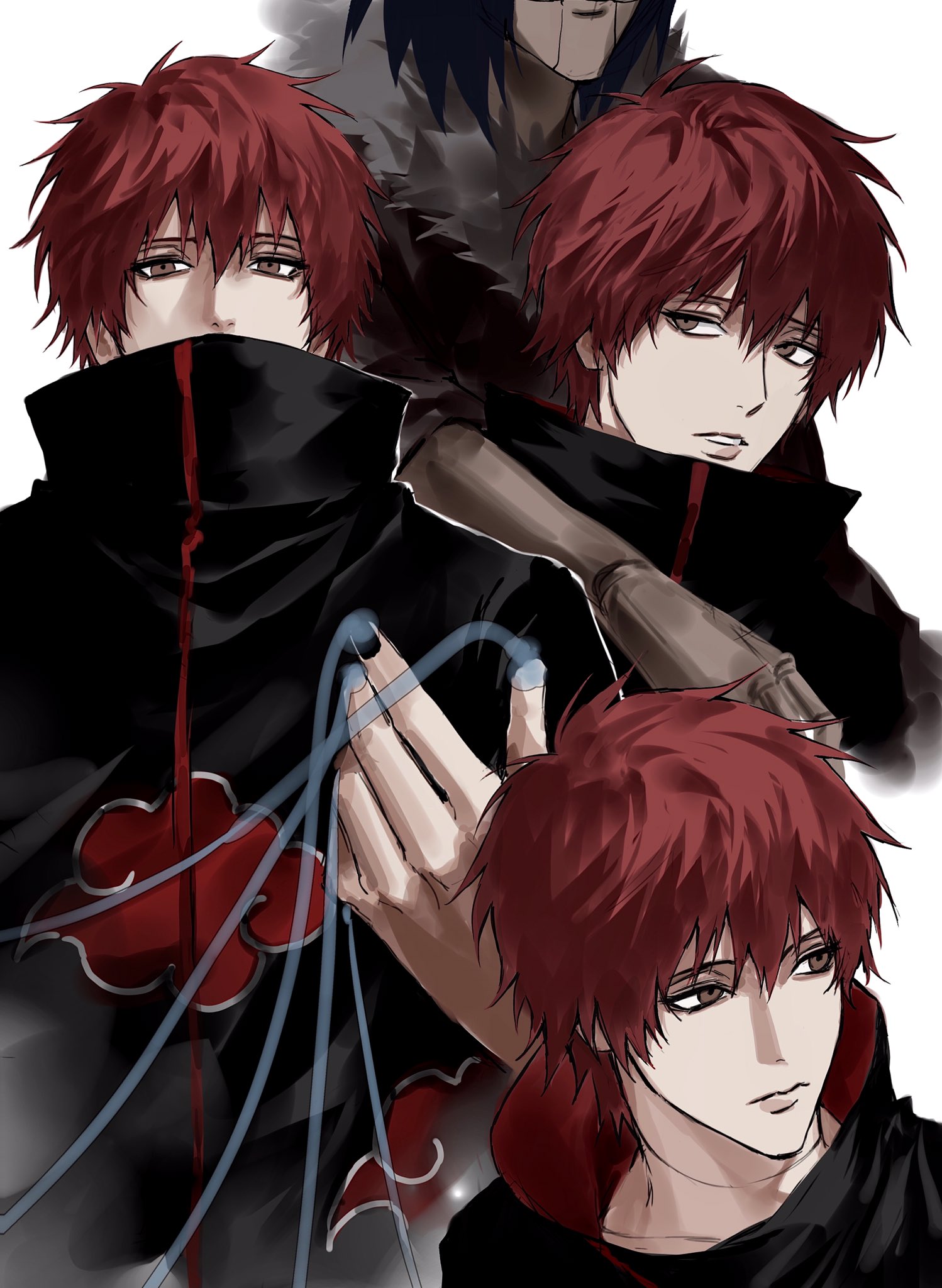 sso s, sasori (naruto), naruto (series), naruto shippuuden, highres, 1boy, akatsuki uniform, black nails, brown eyes, closed mouth, hair between eyes, lips, looking at viewer, looking to the side, male focus, multiple views, puppet, red hair, short hair, simple background, teeth, upper body, white background