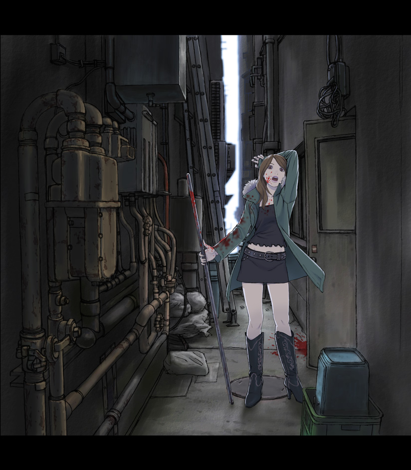 yuuki (eccentric dragon noise), original, 1girl, alley, blood, blood on clothes, blood on face, boots, brown eyes, brown hair, female focus, jacket, letterboxed, pencil skirt, skirt, solo, staff, yuuki (eccentic dragon noise)