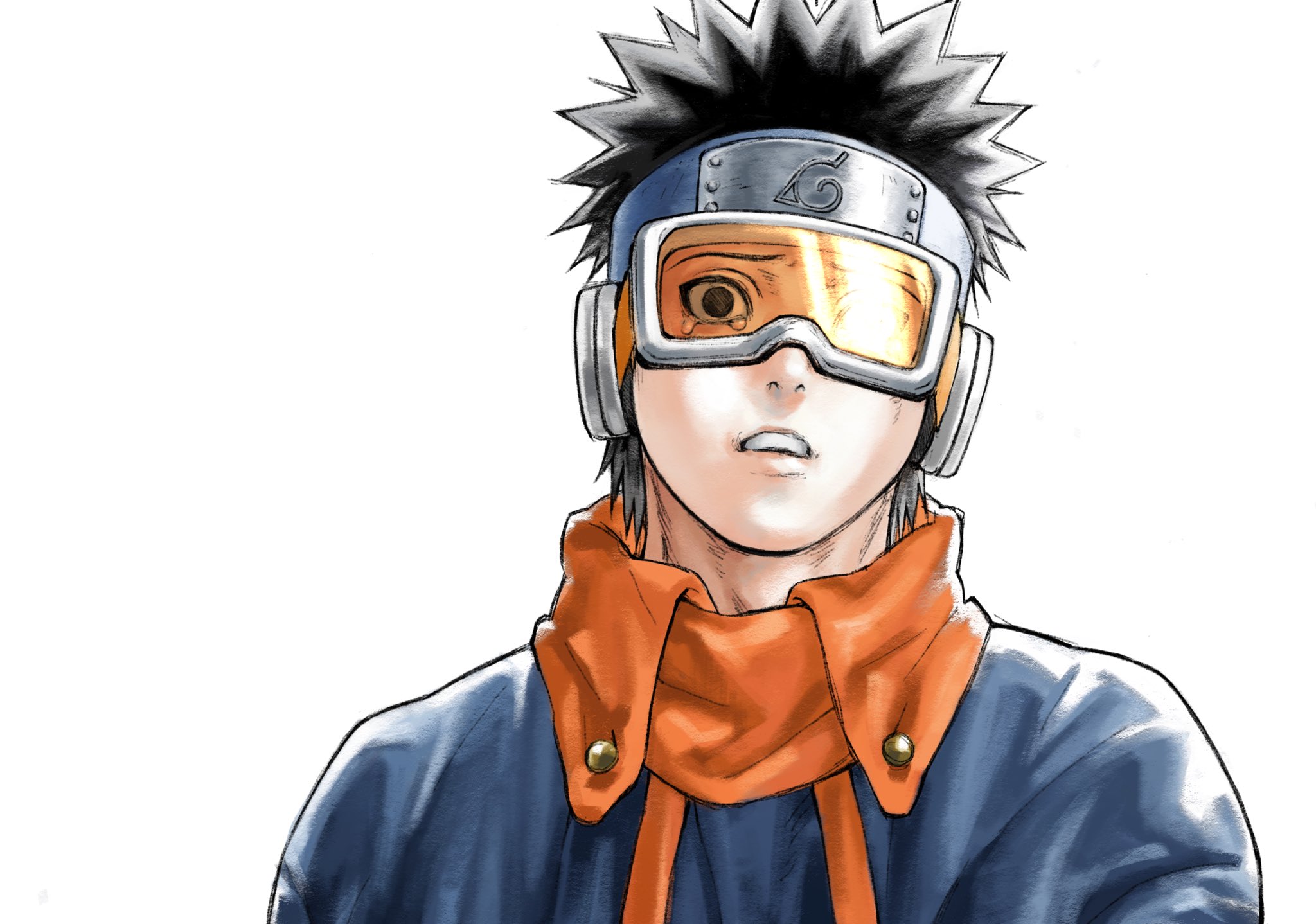 umkaqryi, uchiha obito, naruto (series), naruto shippuuden, highres, 1boy, aged down, black eyes, black hair, crying, crying with eyes open, forehead protector, goggles, hood, hoodie, konohagakure symbol, looking at viewer, male focus, orange-tinted eyewear, short hair, simple background, solo, spiked hair, tears, teeth, tinted eyewear, upper teeth only, white background