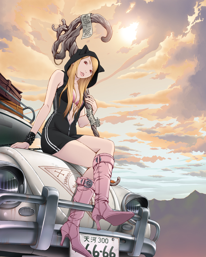 yuuki (eccentric dragon noise), original, volkswagen, 1girl, animal hood, blonde hair, boots, car, cat hood, female focus, hood, hoodie, motor vehicle, pink boots, red eyes, solo, staff, volkswagen beetle