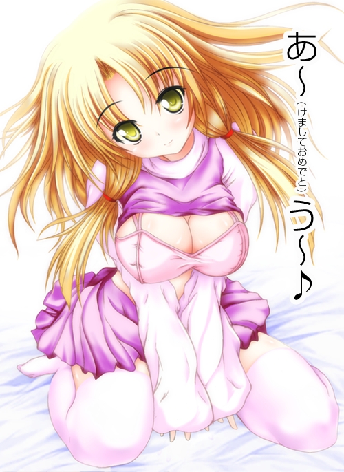 rei kazami, moriya suwako, touhou, alternate breast size, 1girl, akeome, bed sheet, blonde hair, bra, breasts, cleavage, clothes lift, female focus, happy new year, head tilt, large breasts, lingerie, new year, no headwear, shirt lift, sitting, solo, thighhighs, underwear, wariza, yellow eyes, zettai ryouiki
