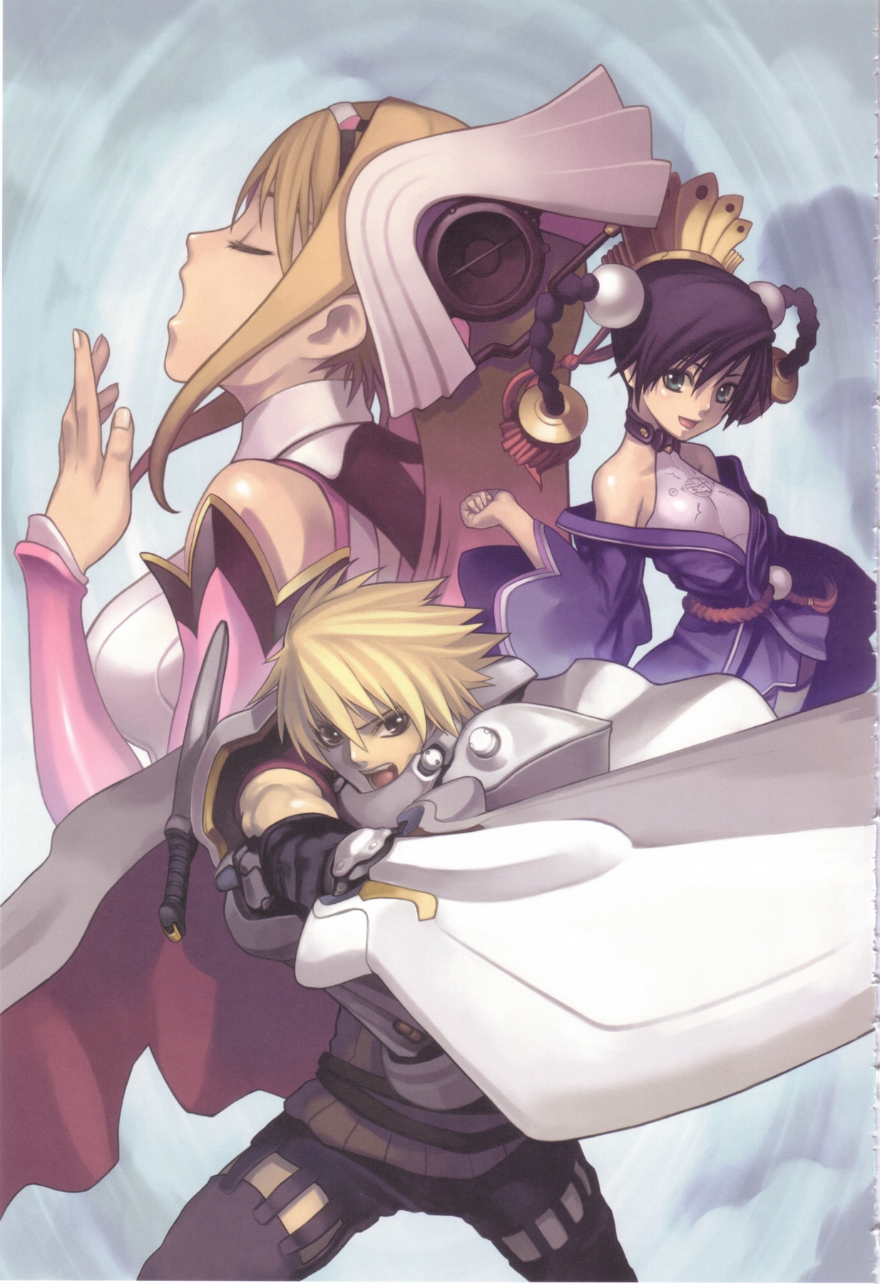 nagi ryou, aurica nestmile, lyner barsett, misha arsellec lune, ar tonelico, ar tonelico i, gust, highres, official art, 00s, 1boy, 2girls, armor, bare shoulders, blonde hair, braid, cape, closed eyes, gloves, green eyes, long hair, multiple girls, purple hair, sword, twin braids, weapon