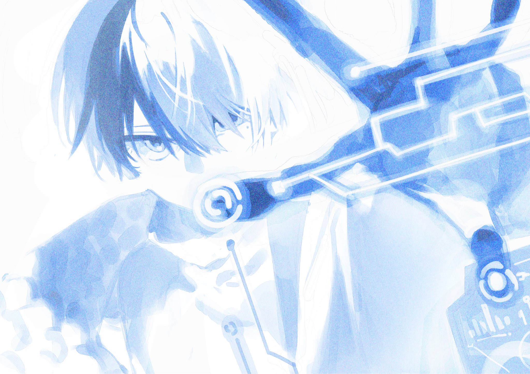 aoyagi touya, project sekai, highres, 1boy, blue theme, covered mouth, hand up, looking at viewer, male focus, mole, mole under eye, monochrome, myeong si, short hair, simple background, solo, upper body, white background