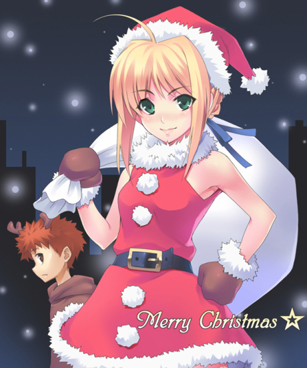 azu, artoria pendragon (fate), emiya shirou, saber (fate), fate/stay night, fate (series), 1girl, animal ears, blonde hair, christmas, deer ears, female focus, gloves, green eyes, mittens, night, santa costume, solo