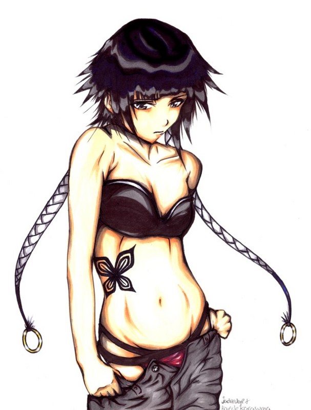 sui-feng, bleach, get, 00s, 1girl, black hair, bra, female focus, lingerie, panties, short hair with long locks, solo, tattoo, twintails, underwear, undressing