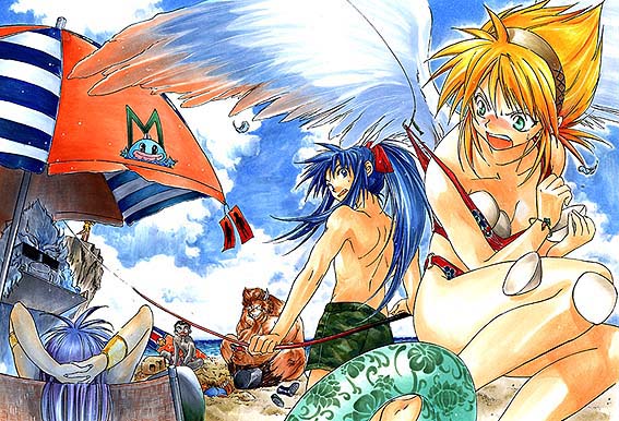 heizo, builder (breath of fire), danc, deis, nina (breath of fire i), ryu (breath of fire i), breath of fire, breath of fire i, capcom, 2girls, 4boys, angel wings, beach, bikini, blonde hair, blush, breast padding, day, green eyes, multiple boys, multiple girls, short hair, swimsuit, white wings, wings