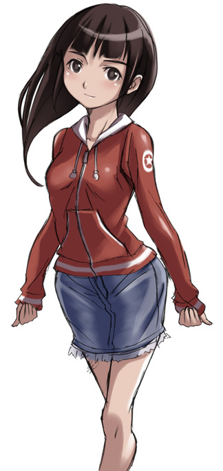 jumpei, 1girl, brown eyes, brown hair, denim, denim skirt, female focus, hood, hoodie, long hair, pencil skirt, shorts, simple background, skirt, smile, solo