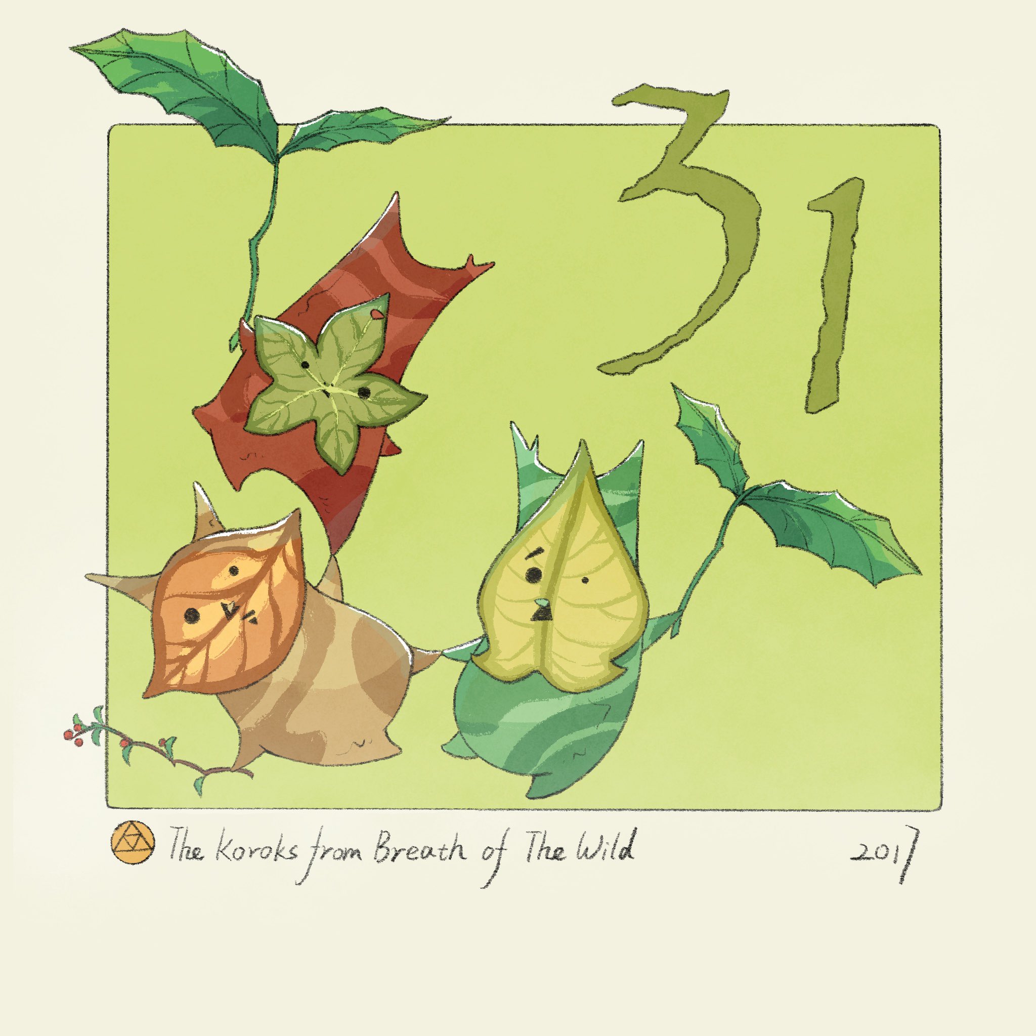yangyaozigo, korok, nintendo, the legend of zelda, the legend of zelda: breath of the wild, commentary, english commentary, highres, 3others, character name, copyright name, green background, leaf, mask, multiple others, no humans, other focus, triforce