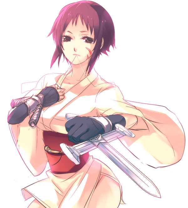 hajimenimodoru, 1girl, black eyes, brown eyes, dagger, facial mark, female focus, fingerless gloves, gloves, japanese clothes, kimono, knife, mid, mouth hold, ninja, obi, purple hair, reverse grip, sash, scar, short hair, short kimono, simple background, solo, weapon, wire