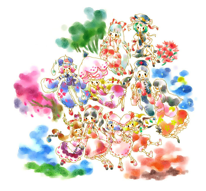 mana (artist), flandre scarlet, fujiwara no mokou, hakurei reimu, houraisan kaguya, ibuki suika, remilia scarlet, saigyouji yuyuko, shiki eiki, yagokoro eirin, yakumo yukari, touhou, 6+girls, dress, female focus, flower, hat, multiple girls, nature, outdoors, plant, red flower, rod of remorse, skirt, spider lily, umbrella, white background