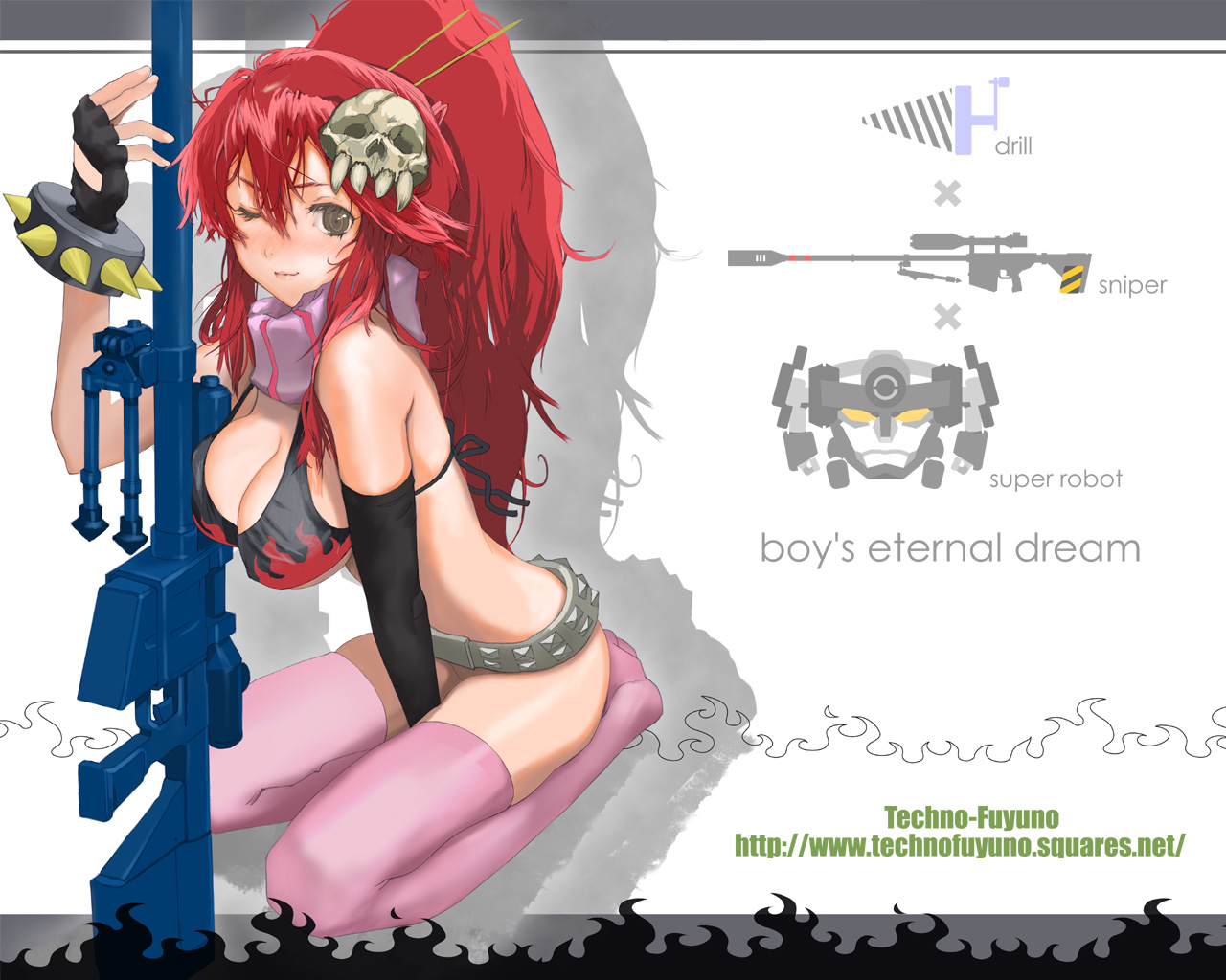 fuyuno haruaki, lagann, yoko littner, tengen toppa gurren lagann, duplicate, 00s, 1girl, anti-materiel rifle, bikini, bikini top only, bottomless, breasts, cleavage, core drill, female focus, gun, large breasts, one eye closed, ponytail, red hair, rifle, scarf, sniper rifle, solo, swimsuit, thighhighs, weapon, wink