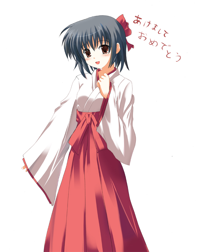 odaya, odayan, original, 1girl, :d, ahoge, black hair, female focus, hakama, hakama skirt, japanese clothes, kimono, long sleeves, miko, open mouth, red eyes, red hakama, red skirt, simple background, skirt, smile, solo, white background, wide sleeves