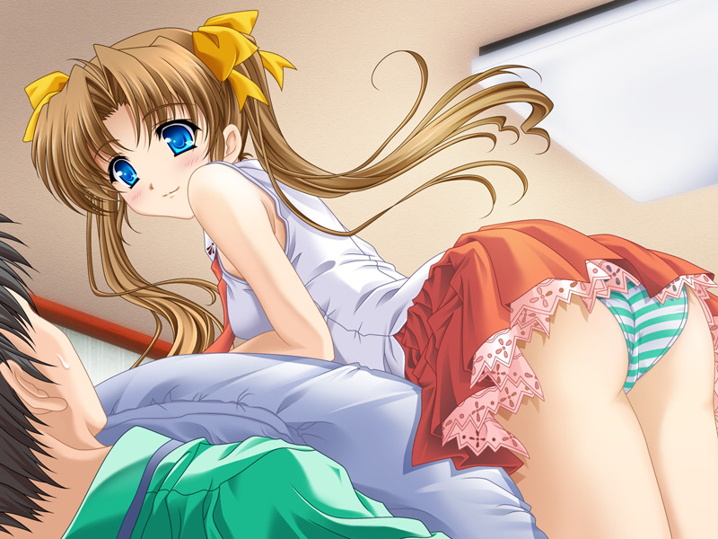 nakazato hikari, lamune, striped, game cg, ass, bare shoulders, blue eyes, blush, brown hair, necktie, panties, pantyshot, skirt, smile, striped panties, twintails, underwear, upskirt