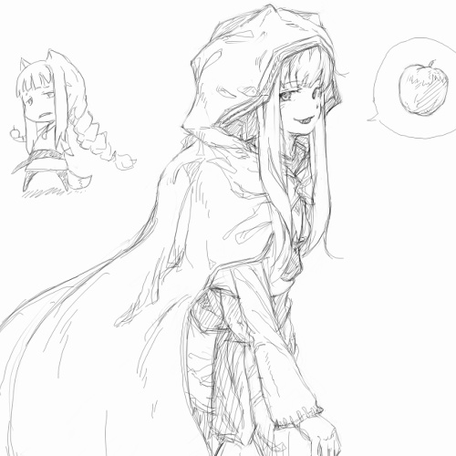 holo, spice and wolf, lowres, 00s, animal ears, apple, food, fruit, grey background, greyscale, monochrome, simple background, sketch, solo, speech bubble, tail, wolf ears, wolf tail