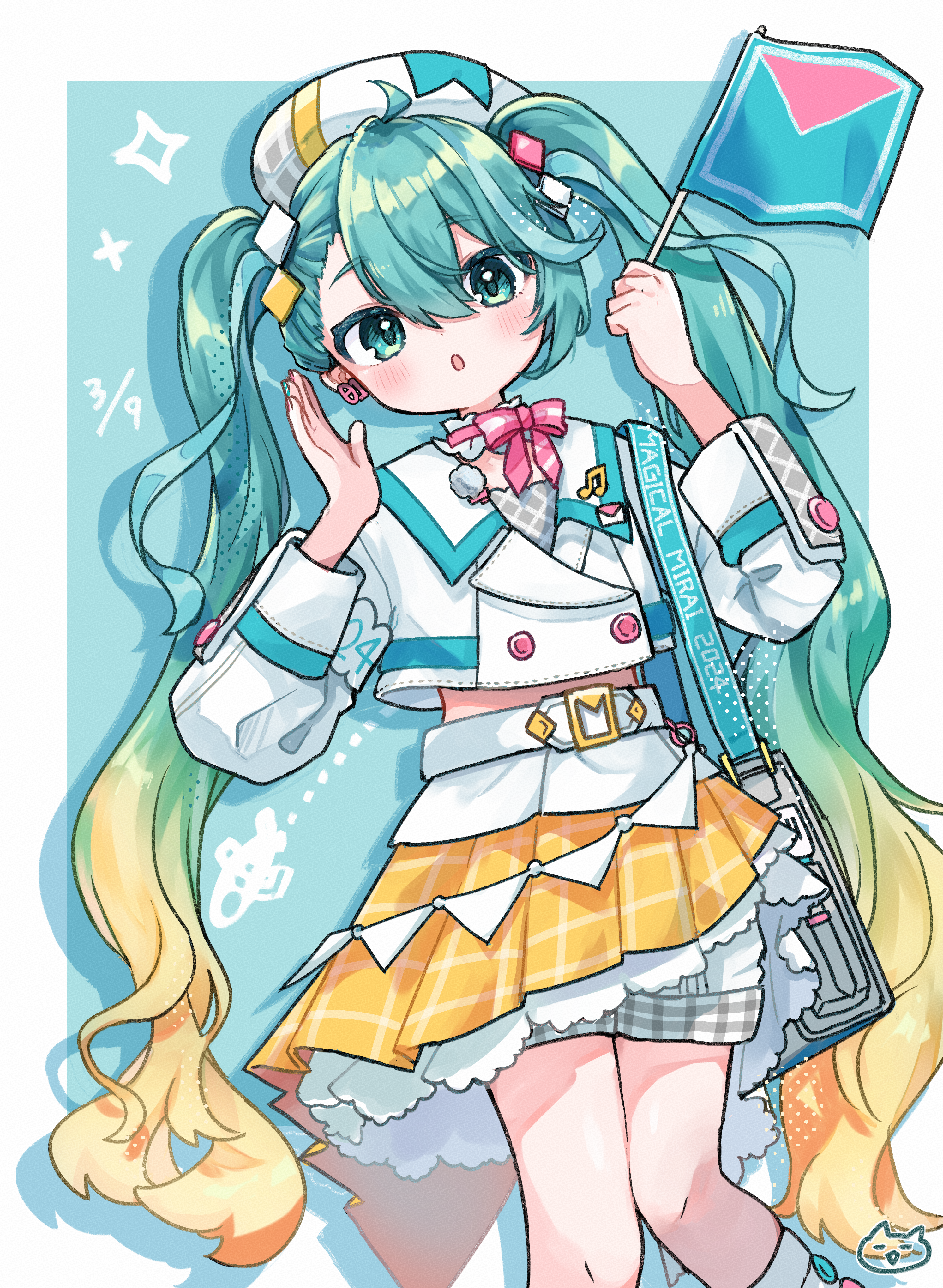 hatsune miku, magical mirai miku, magical mirai miku (2024), magical mirai (vocaloid), vocaloid, absurdres, highres, 1girl, ahoge, aqua eyes, aqua hair, bag, belt, beret, blonde hair, blush, cropped jacket, earrings, flag, gradient hair, hair between eyes, hair ornament, hat, holding, holding flag, jacket, jewelry, long hair, looking at viewer, miku day, multicolored hair, necoyu25, number earrings, official alternate costume, official alternate hairstyle, open mouth, pleated skirt, shorts, shorts under skirt, shoulder bag, single earring, skirt, solo, twintails, very long hair, white belt, white hat, white jacket, white shorts, yellow skirt