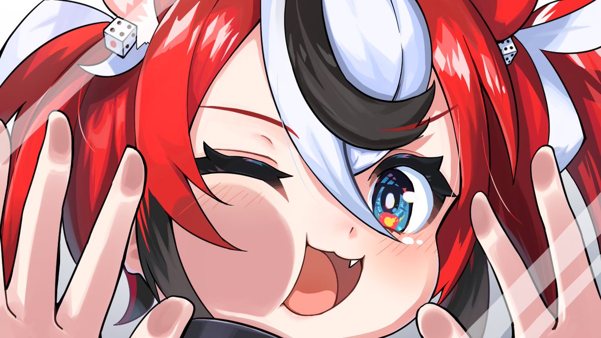 uminonin46978, hakos baelz, hololive, hololive english, 1girl, against glass, animal ears, black streaks, blue eyes, cheek press, dice hair ornament, fang, hair ornament, hand on glass, looking at viewer, mouse ears, mouse girl, multicolored hair, one eye closed, open mouth, red hair, solo, virtual youtuber, white hair