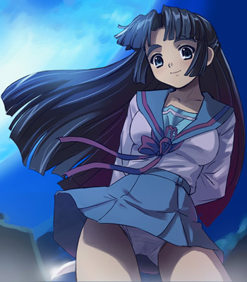 asakura ryoko, suzumiya haruhi no yuuutsu, lowres, 00s, 1girl, female focus, half updo, knife, panties, pantyshot, school uniform, serafuku, skirt, solo, underwear, upskirt, white panties