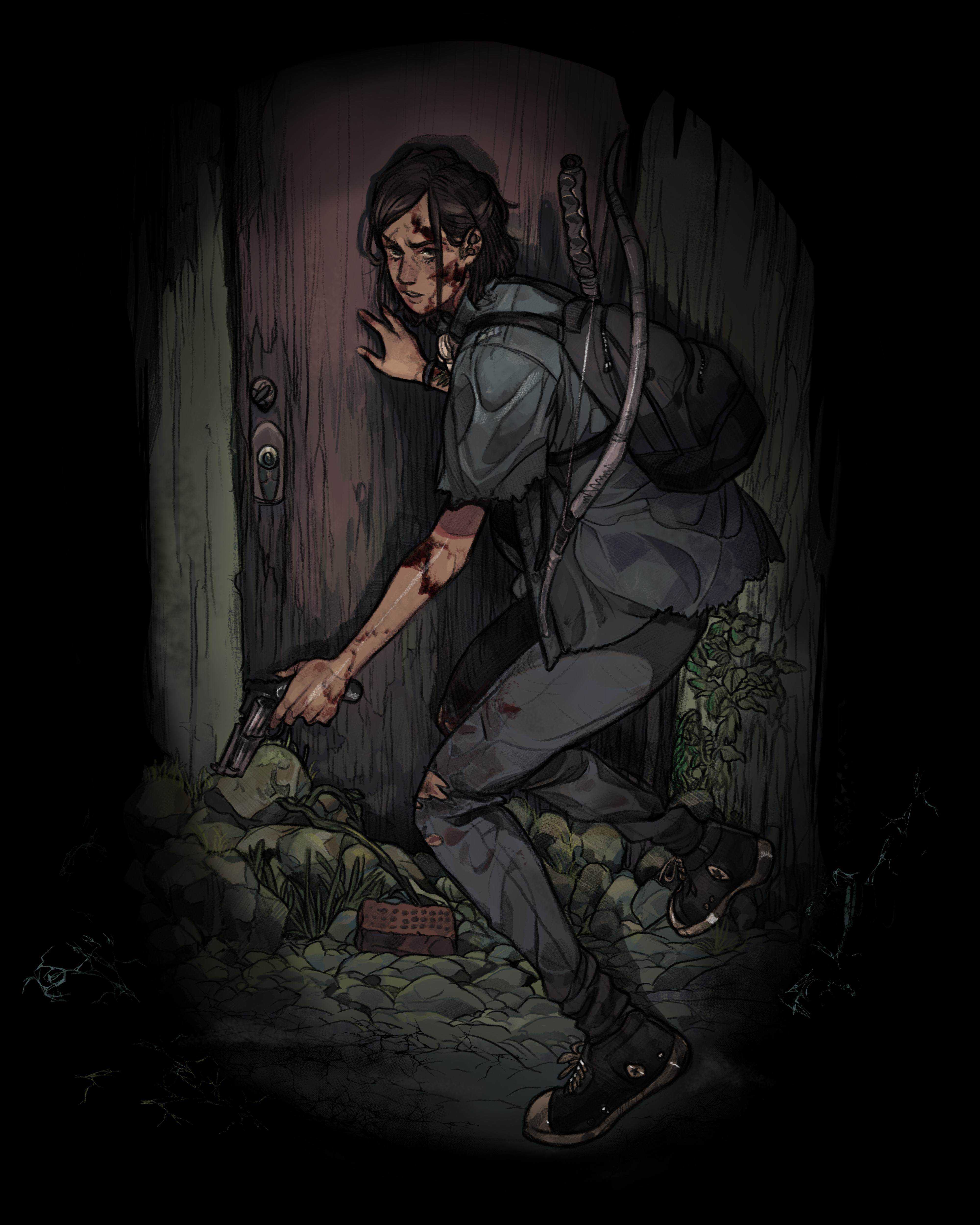 griffmon, ellie (the last of us), the last of us (series), absurdres, highres, 1girl, blood, blood on arm, blood on face, bow (weapon), brick, door, grey shirt, gun, handgun, holding, holding gun, holding weapon, looking at viewer, outdoors, parted lips, shirt, shoes, short hair, sneakers, solo, weapon