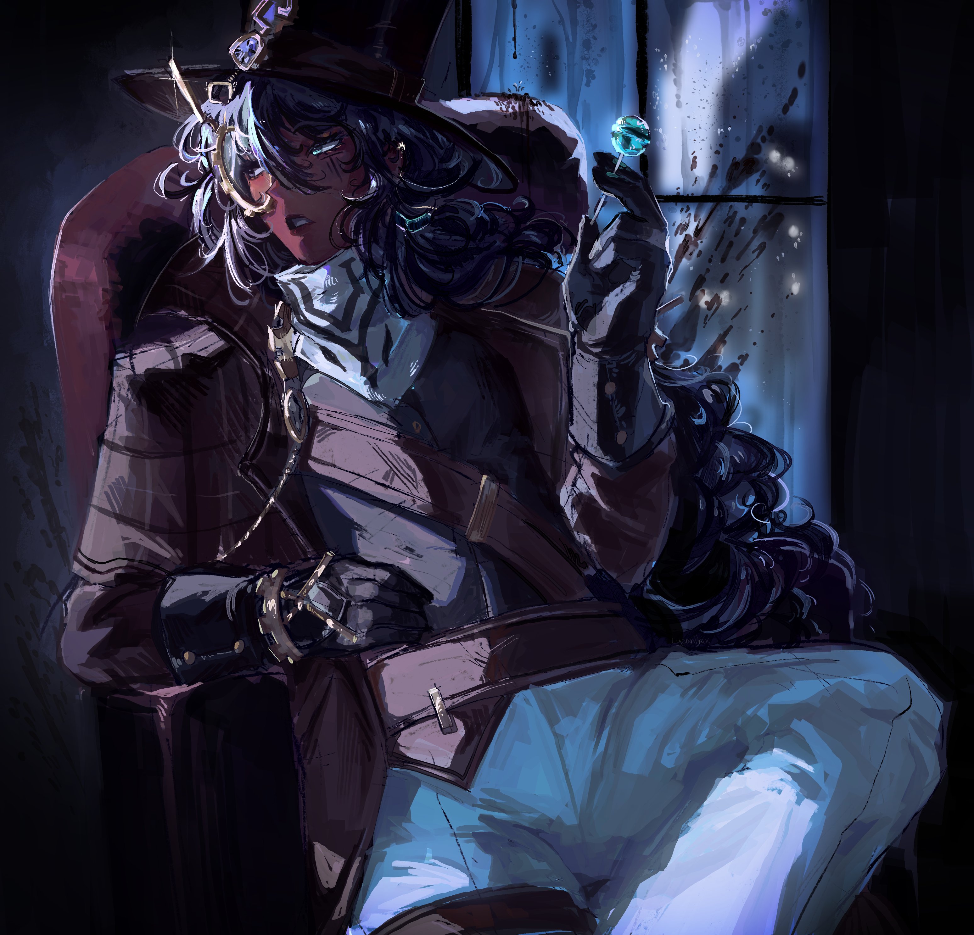 lycanthix, hong lu (project moon), limbus company, project moon, absurdres, highres, 1boy, alternate skin color, bandana, black eyes, black gloves, black hair, black shirt, blood, blue eyes, brown capelet, brown coat, brown hat, candy, capelet, coat, dark-skinned male, dark skin, food, gears, gloves, grey background, hat, heterochromia, holding, holding candy, holding food, holding lollipop, lollipop, long hair, looking to the side, low ponytail, male focus, monocle, pants, plaid capelet, plaid clothes, ponytail, shirt, simple background, sitting, solo, steampunk, top hat, upper body, white bandana, white pants, window, yurodiviye (identity) (project moon)