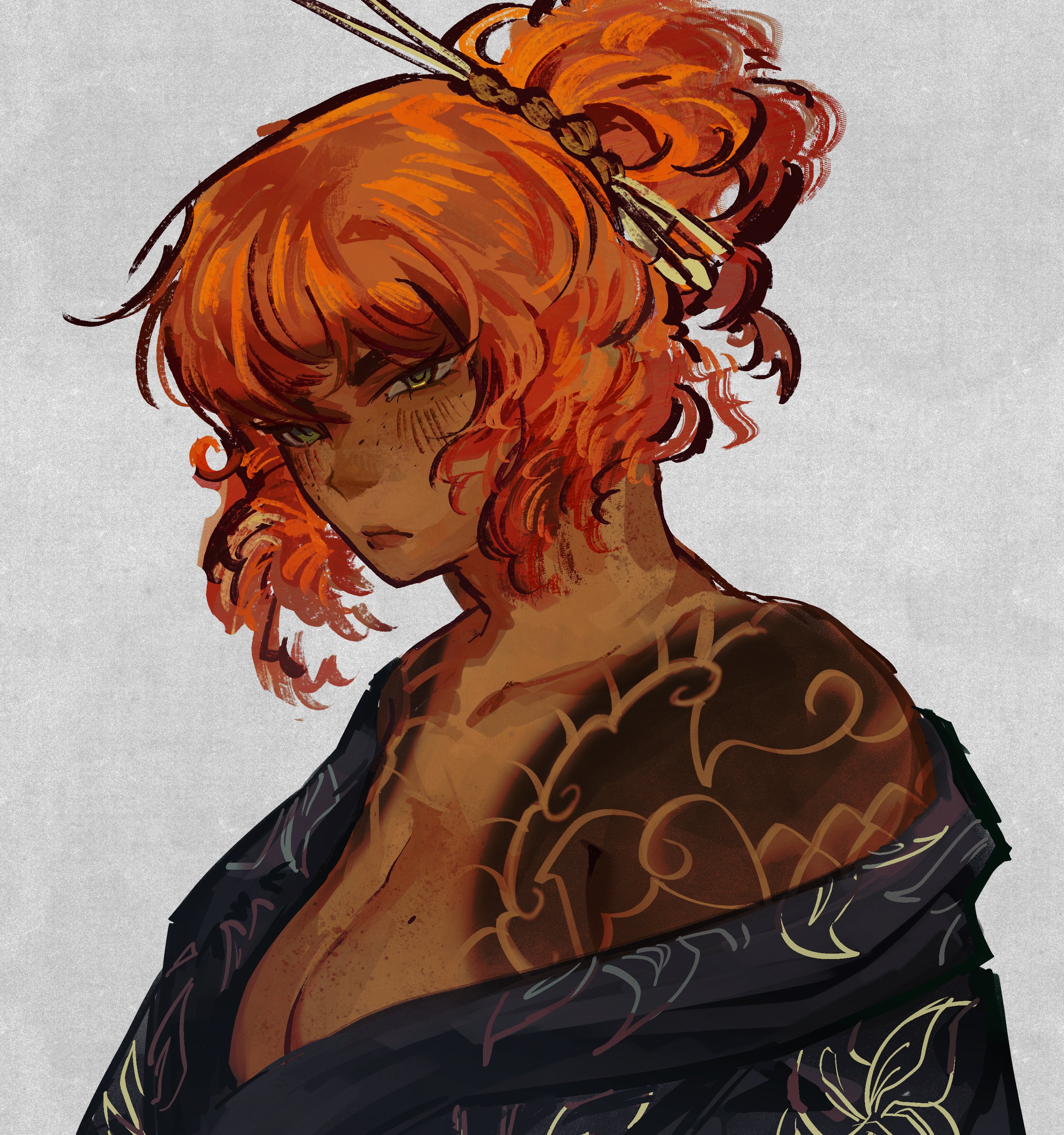 lycanthix, ishmael (project moon), kurokumo clan (identity) (project moon), limbus company, project moon, absurdres, highres, 1girl, alternate skin color, black kimono, breasts, cleavage, cloud tattoo, dark-skinned female, dark skin, freckles, green eyes, grey background, hair ornament, hair stick, irezumi, japanese clothes, kimono, large breasts, looking at viewer, mole, mole on breast, orange hair, shoulder tattoo, simple background, solo, tattoo, updo, upper body