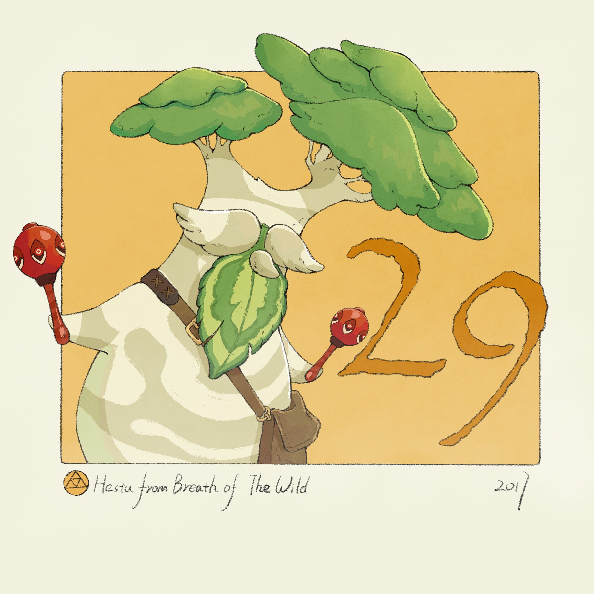 yangyaozigo, hestu, nintendo, the legend of zelda, the legend of zelda: breath of the wild, highres, 1other, bag, character name, copyright name, holding, holding instrument, holding maracas, instrument, maracas, orange background, other focus, shoulder bag, triforce