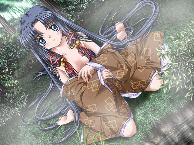 hinoue itaru, kannabi no mikoto, air (visual novel), game cg, jpeg artifacts, 00s, 1girl, bell, blue hair, dutch angle, female focus, japanese clothes, long hair, solo, topless female